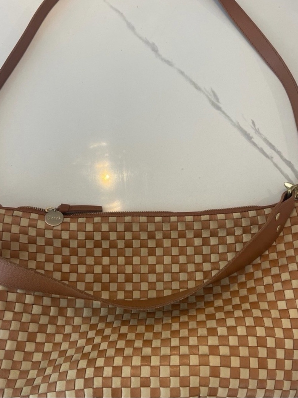 Clare V Moyen Messenger bag woven checker tan & cream - Picture 2 of 11